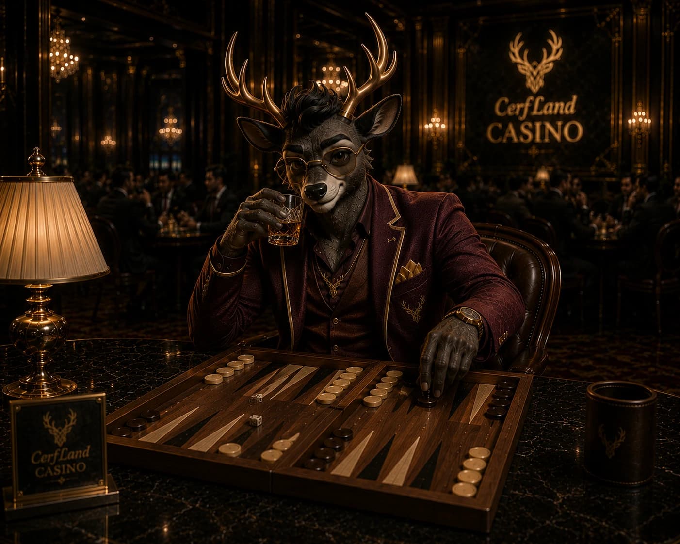 Le cerf, un verre à la main, devant un backgammon de bois dans le salon du CerfLand Casino.