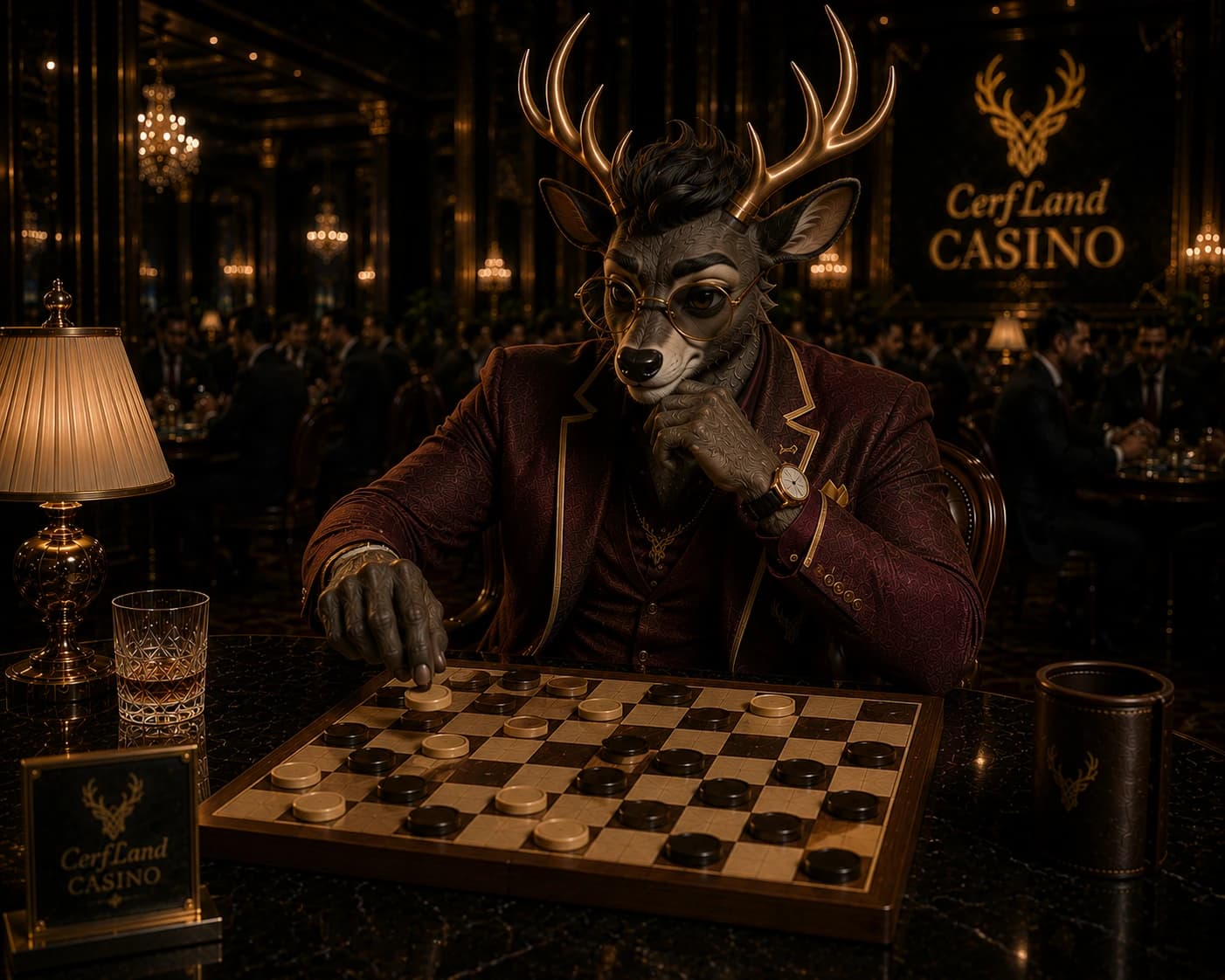 Le cerf pensif au-dessus d’un damier, dans le salon du CerfLand Casino.