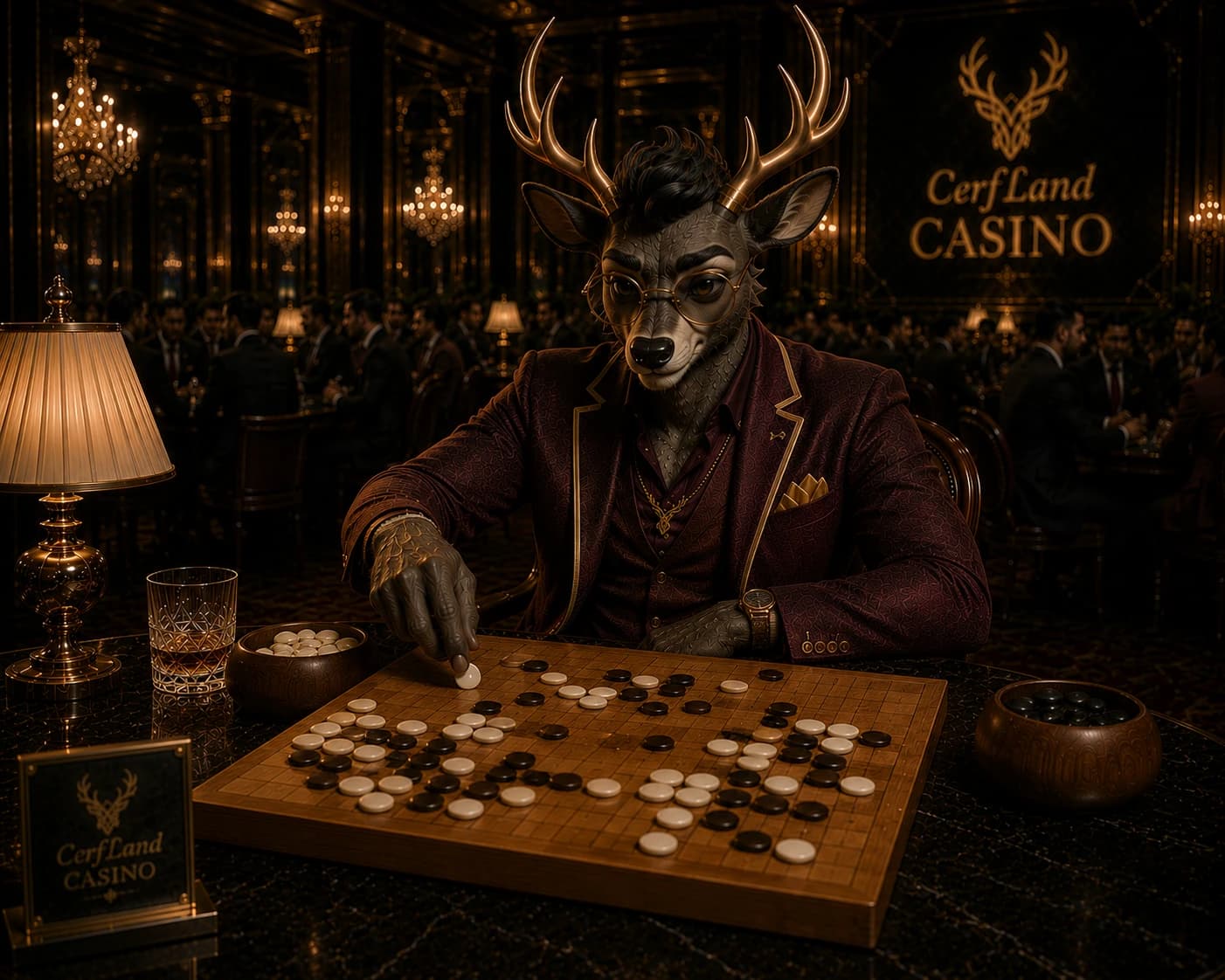 Le cerf posant une pierre sur un goban, dans le salon du CerfLand Casino.