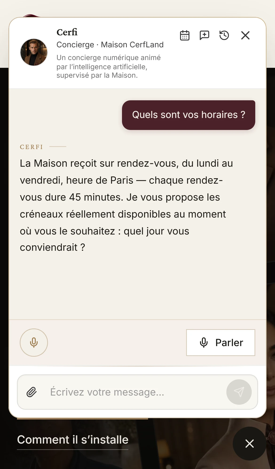 Sur un téléphone, Cerfi annonce qu’il propose les créneaux réellement disponibles et demande quel jour conviendrait.