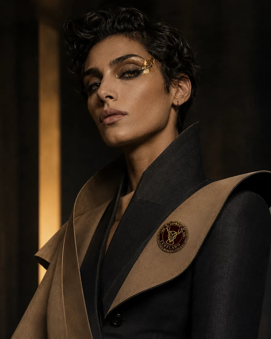 Étude d’égérie du Studio — coupe courte, feuille d’or à la paupière, tailleur bicolore camel et charbon : un exemple de référence maîtresse.