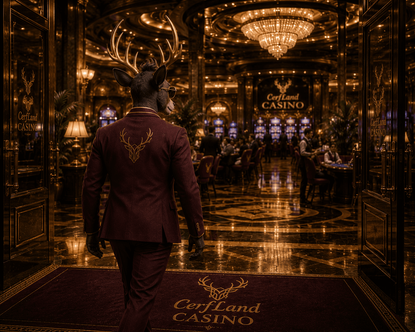 Le cerf franchit les portes dorées du CerfLand Casino, lustre et salle de jeu en enfilade.