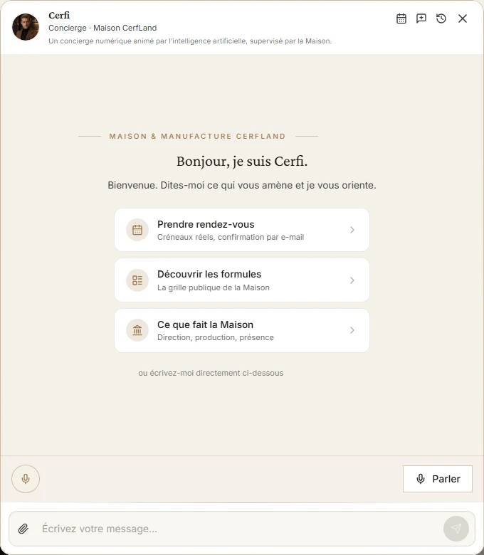 La conversation de Cerfi ouverte sur cerfland.fr : l’avatar incarné, la bienvenue et les trois portes d’entrée.
