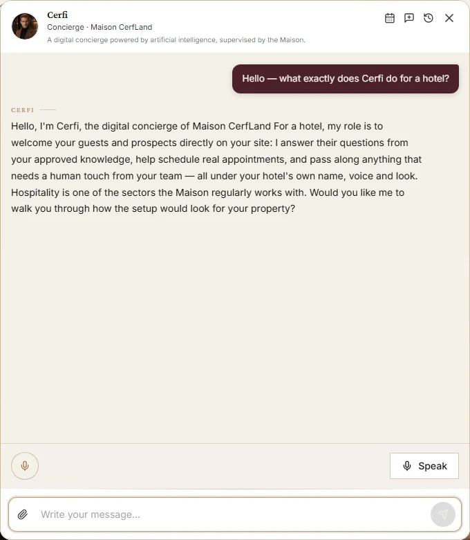 Cerfi répond en anglais à une question posée sur cerfland.fr.