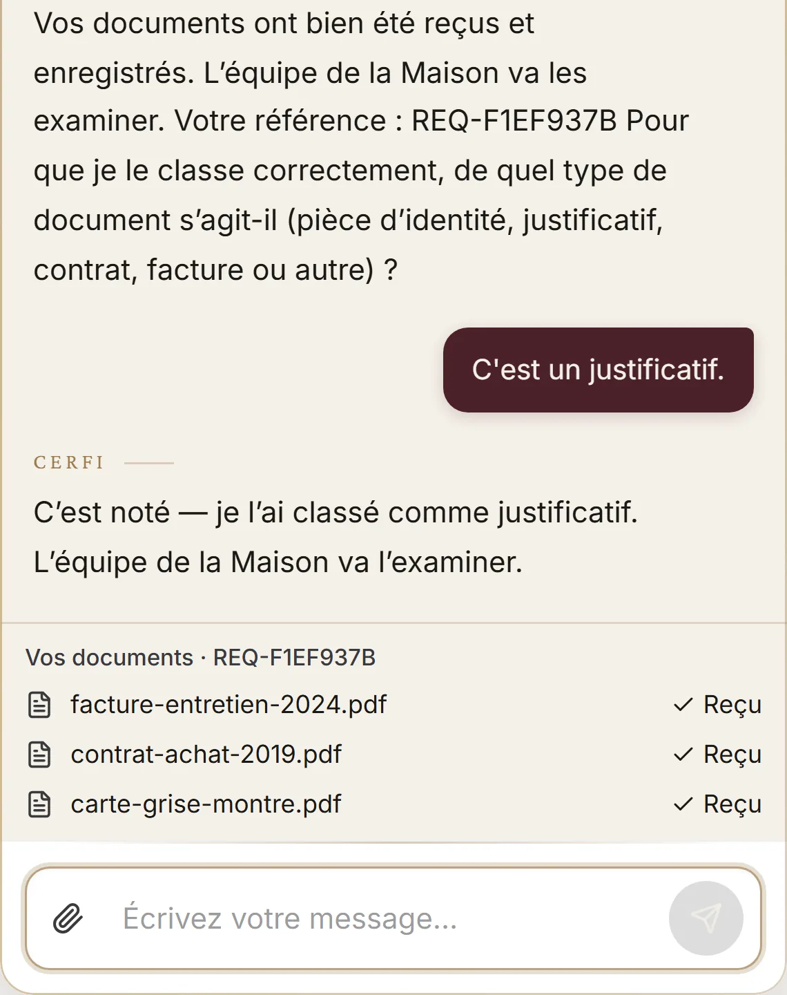 Cerfi accuse réception de trois documents, les classe et affiche la référence du dossier ouvert.